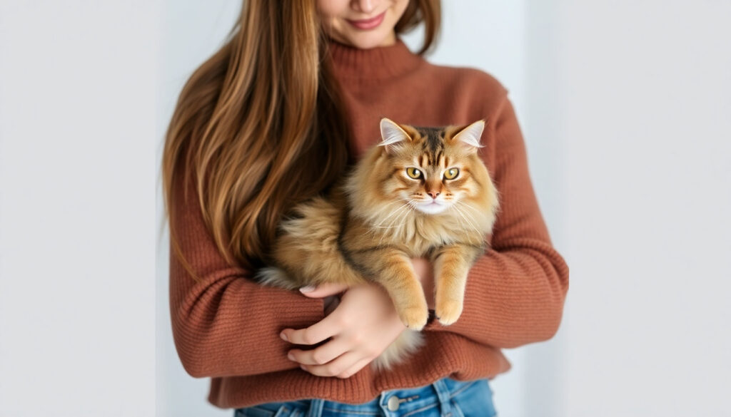 A woman with long hair in a brown sweater and jeans holding a Persian cat in her arms H γάτα σας συμπεριφέρεται άσχημα