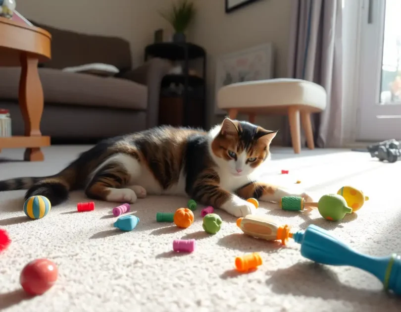 μια γάτα ξαπλωμένη στο πάτωμα με παιχνίδια