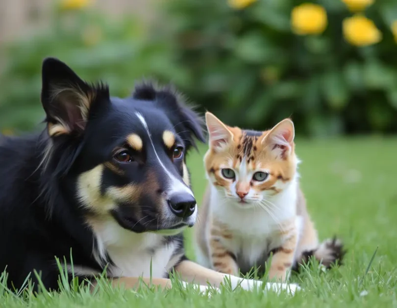 ένας σκύλος και μια γάτα ξαπλωμένα στο γρασίδι