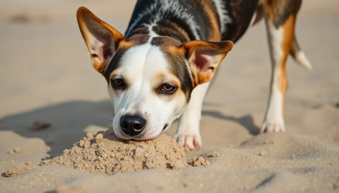 ο σκύλος τρώει άμμο στην παραλία