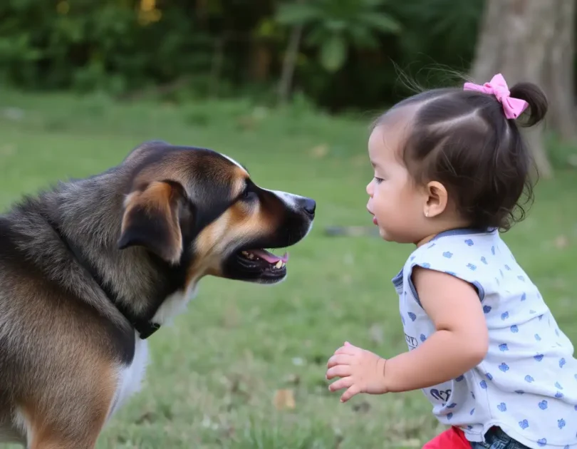 dog and child in a fighting position