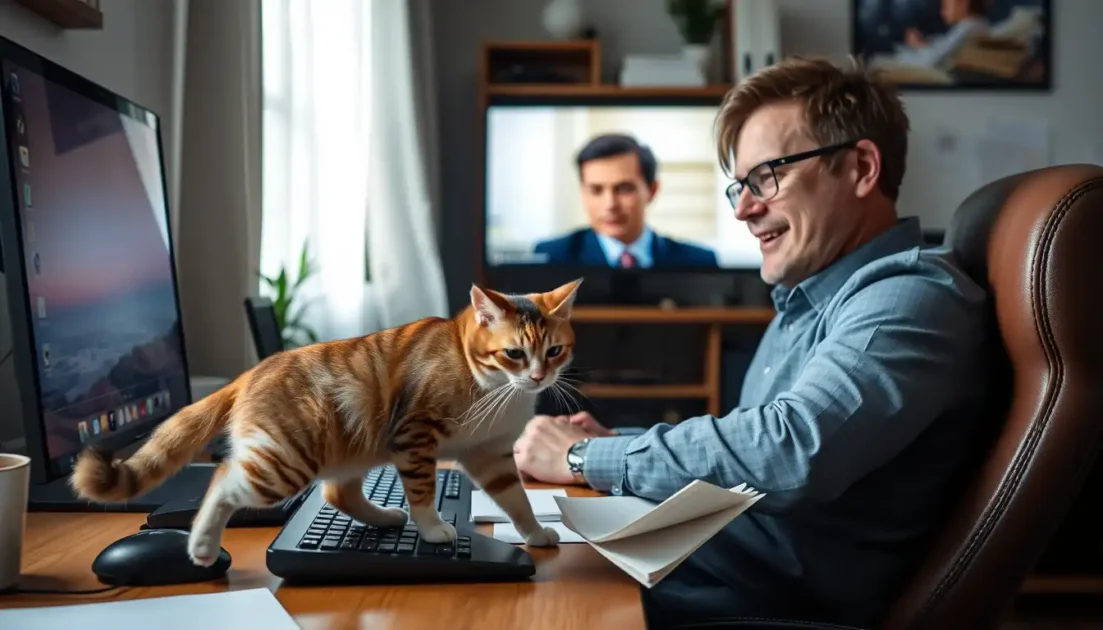 εργασία από το σπίτι με μια γάτα