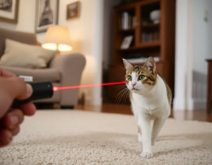 μια γάτα με μια ακτίνα λέιζερ που την δείχνει