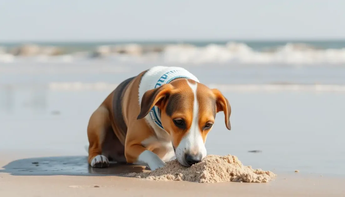 ο σκύλος τρώει άμμο στην παραλία